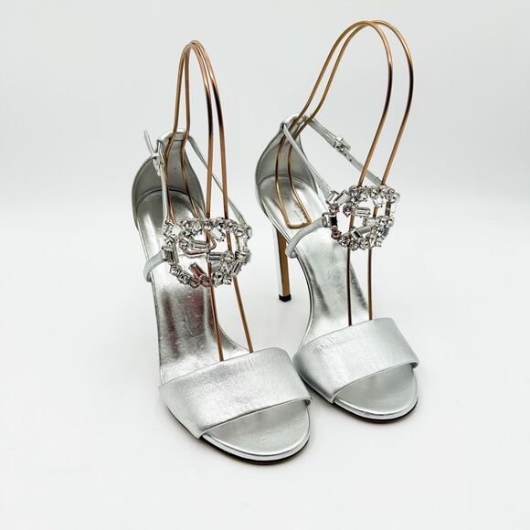 Gucci GG Crystal Metallic Silver Leather Sandals Heels EU 37 US 7 - Picture 1 of 14